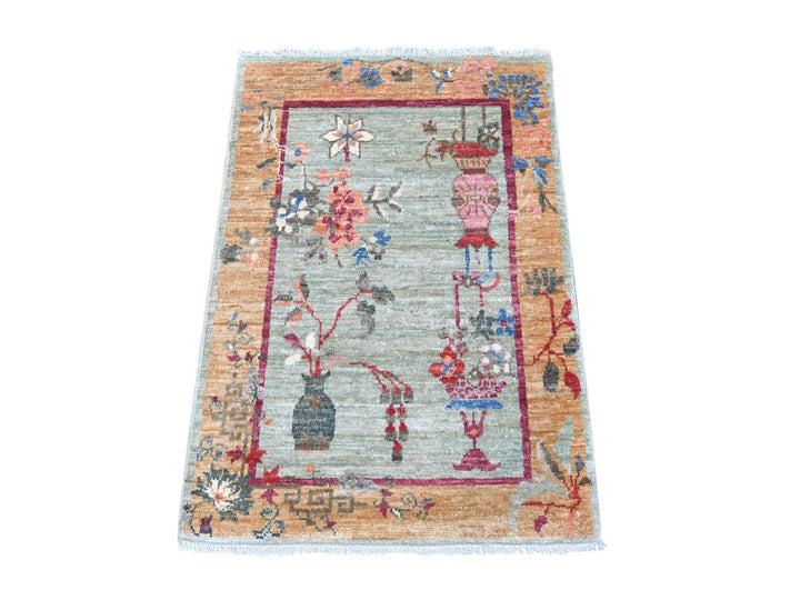 2'2" x 3'0" New Hand Knotted Green Wool Rectangle Oriental Rug - MOA10222358