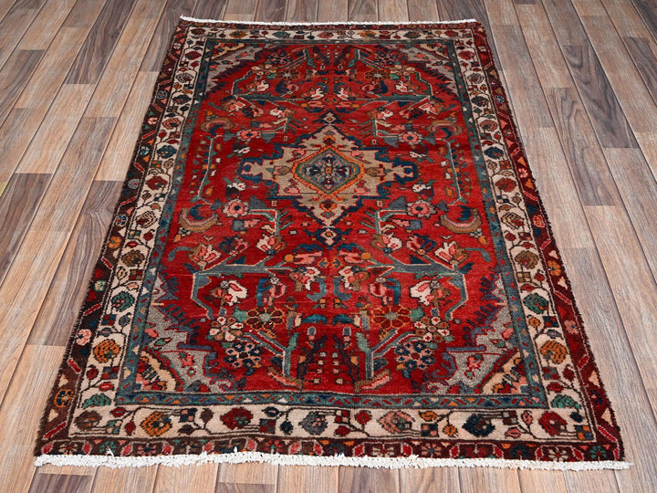 3'1" x 4'10" Vintage Hand Knotted Red Wool Rectangle Oriental Rug - MOA1022238