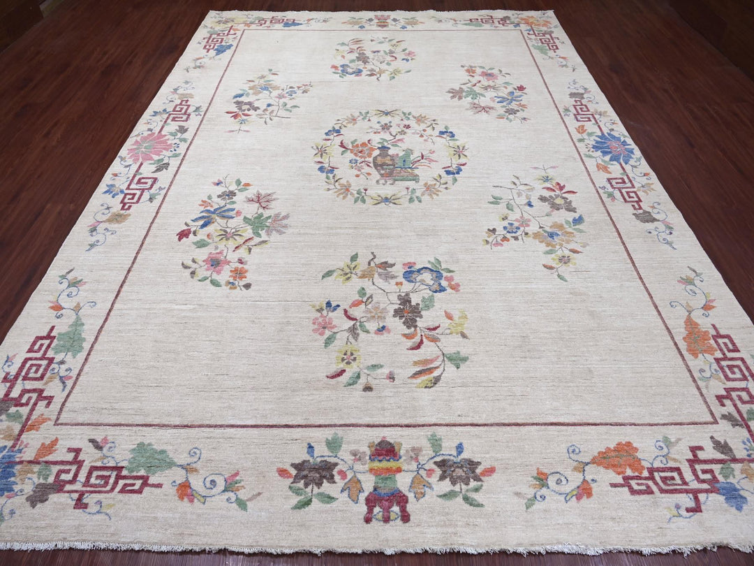 8'11" x 11'11" New Hand Knotted Ivory Wool Rectangle Oriental Rug - MOA10222426
