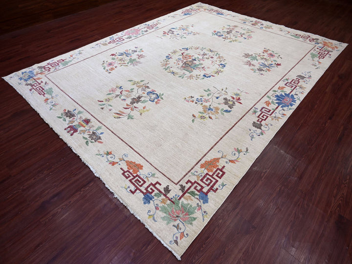 8'11" x 11'11" New Hand Knotted Ivory Wool Rectangle Oriental Rug - MOA10222426