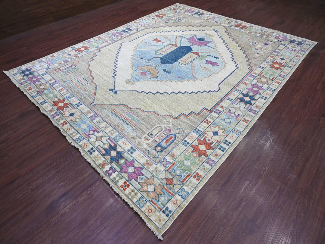 9'0" x 11'6" New Hand Knotted Green Wool Rectangle Oriental Rug - MOA10222437