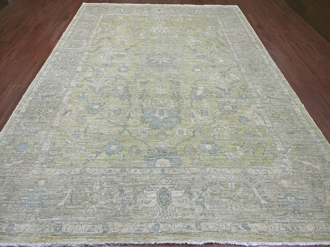 9'0" x 11'10" New Hand Knotted Green Wool Rectangle Oriental Rug - MOA10222441