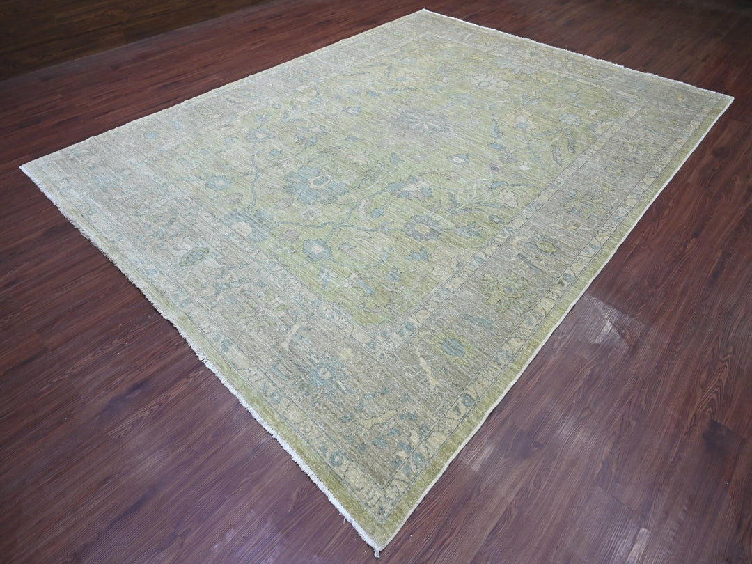 9'0" x 11'10" New Hand Knotted Green Wool Rectangle Oriental Rug - MOA10222441