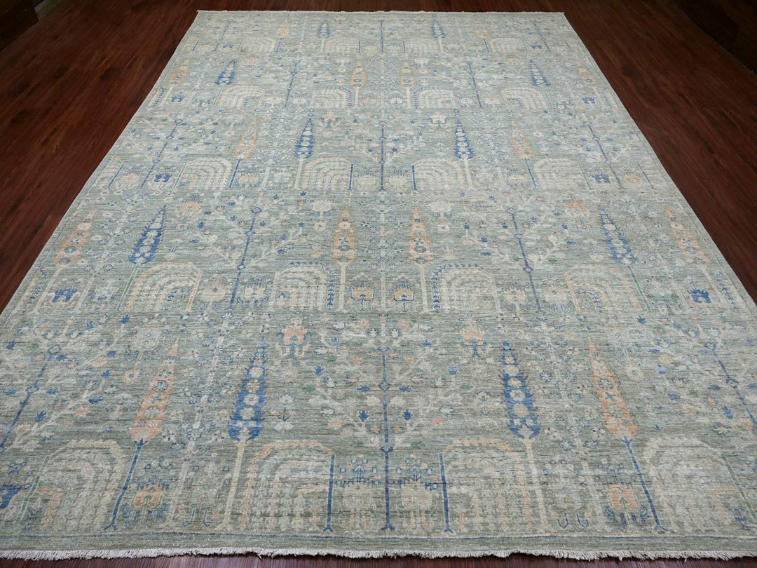 9'3" x 11'10" New Hand Knotted Green Wool Rectangle Oriental Rug - MOA10222443