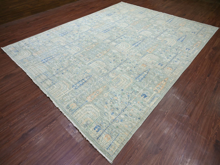 9'3" x 11'10" New Hand Knotted Green Wool Rectangle Oriental Rug - MOA10222443