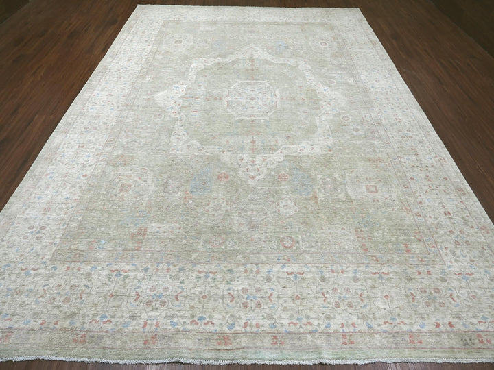 8'10" x 11'11" New Hand Knotted Green Wool Rectangle Oriental Rug - MOA10222445