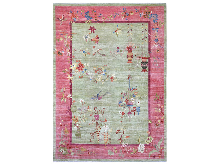 10'0" x 13'11" New Hand Knotted Green Wool Rectangle Oriental Rug - MOA10222454