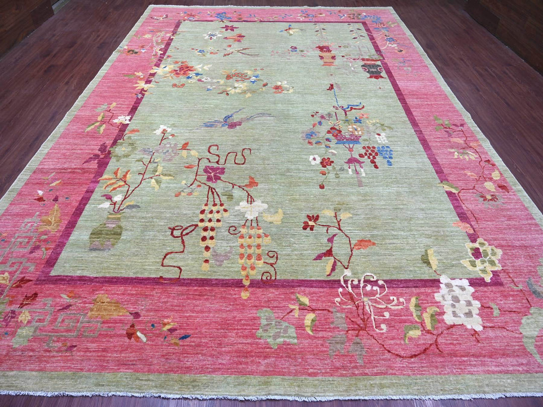 10'0" x 13'11" New Hand Knotted Green Wool Rectangle Oriental Rug - MOA10222454
