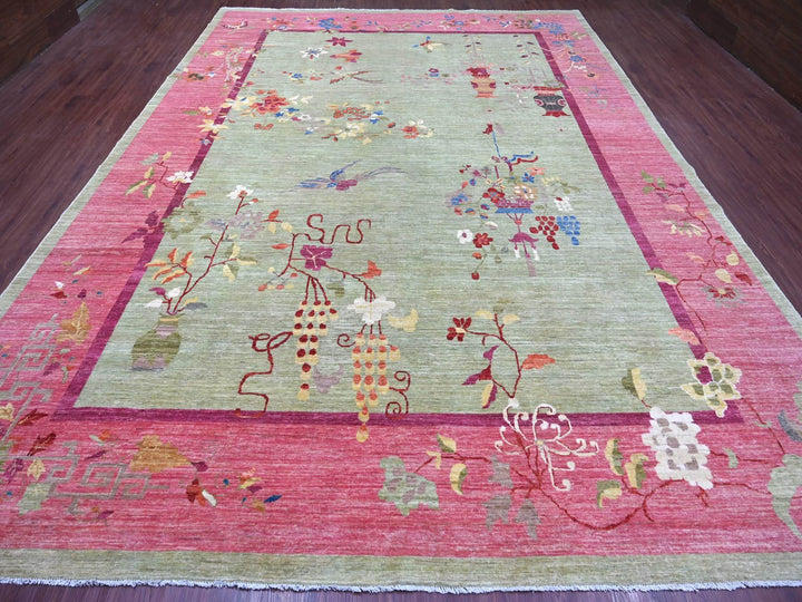 10'0" x 13'11" New Hand Knotted Green Wool Rectangle Oriental Rug - MOA10222454