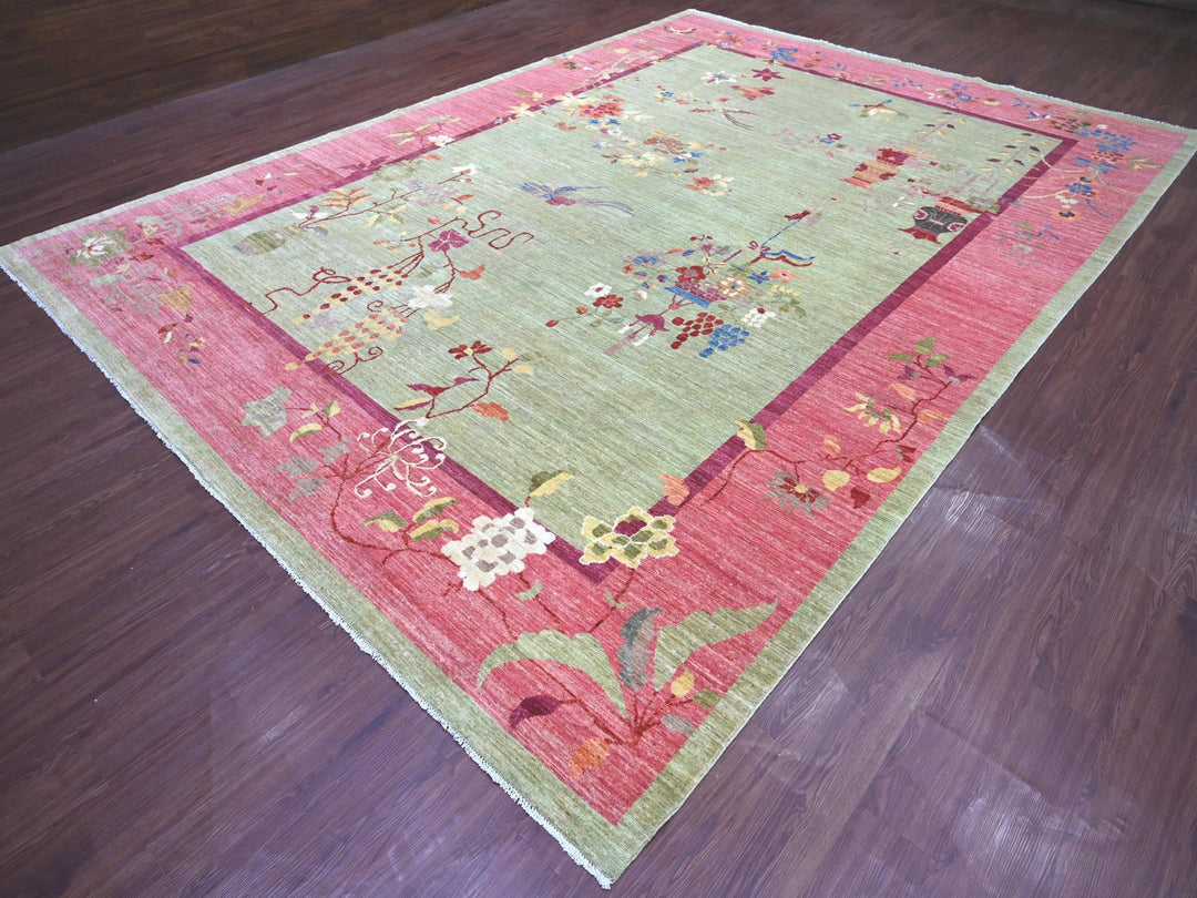 10'0" x 13'11" New Hand Knotted Green Wool Rectangle Oriental Rug - MOA10222454