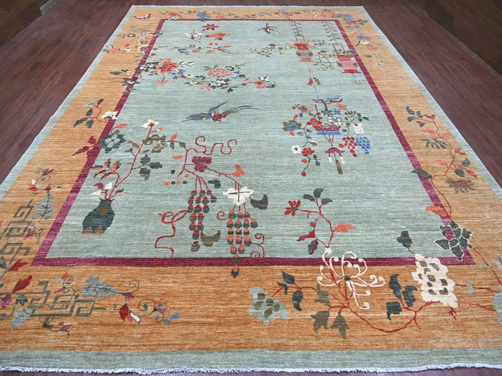 10'2" x 13'11" New Hand Knotted Green Wool Rectangle Oriental Rug - MOA10222455