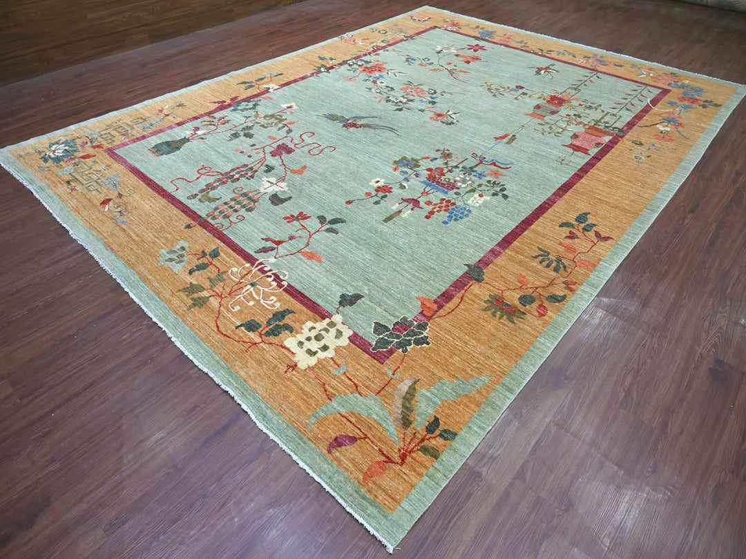 10'2" x 13'11" New Hand Knotted Green Wool Rectangle Oriental Rug - MOA10222455