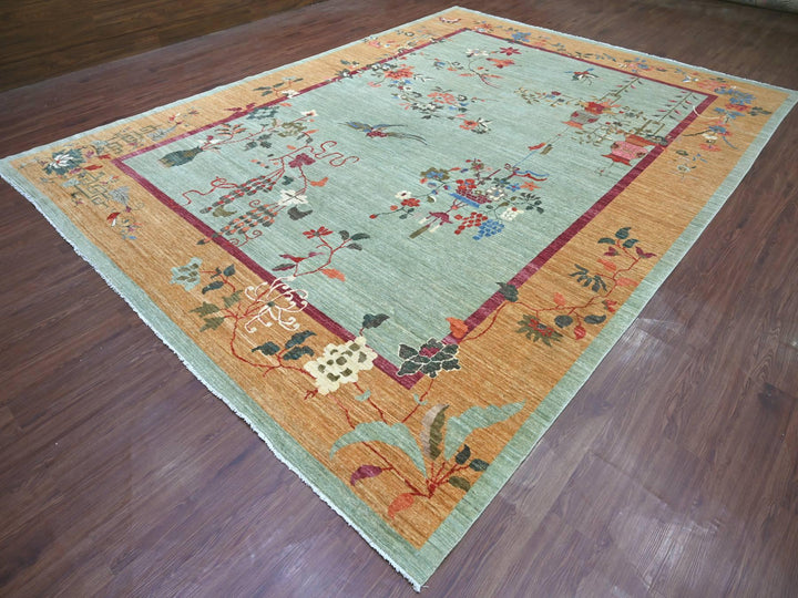 10'2" x 13'11" New Hand Knotted Green Wool Rectangle Oriental Rug - MOA10222455