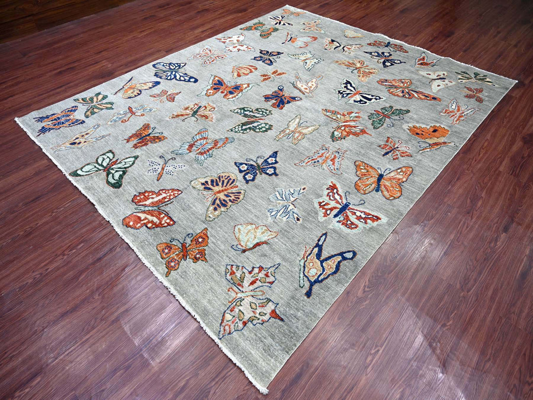 8'0" x 9'7" New Hand Knotted Grey Wool Rectangle Oriental Rug - MOA10222496