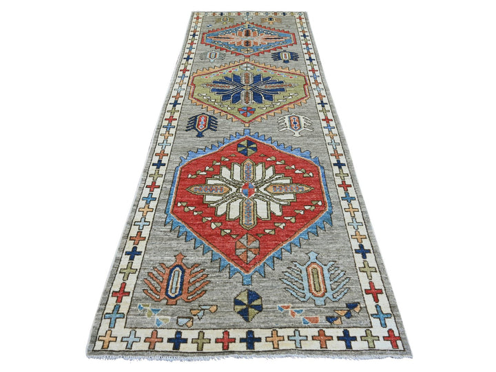 4'1" x 11'10" New Hand Knotted Grey Wool Runner Oriental Rug - MOA10222517