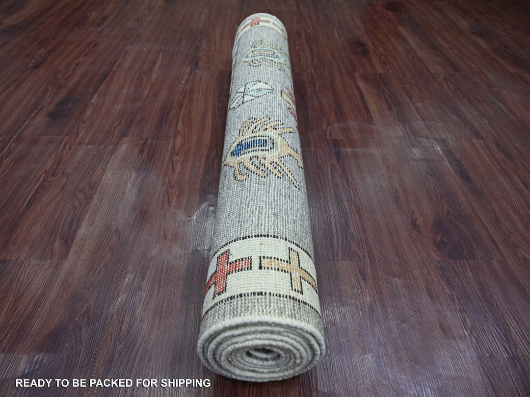 4'1" x 11'10" New Hand Knotted Grey Wool Runner Oriental Rug - MOA10222517