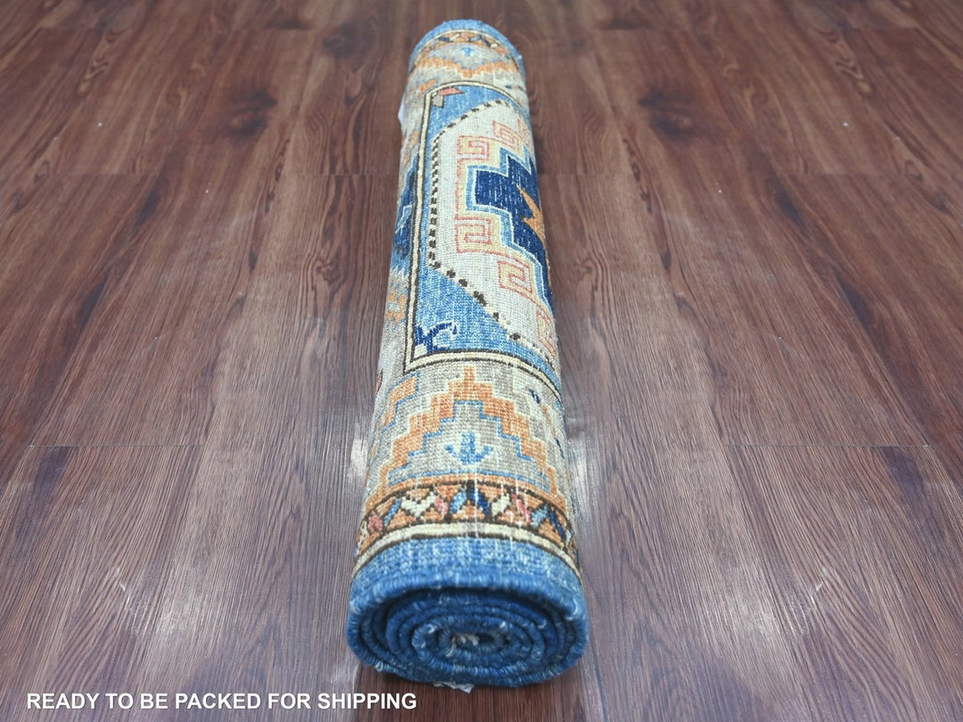 2'8" x 7'4" New Hand Knotted Blue Wool Runner Oriental Rug - MOA10222555