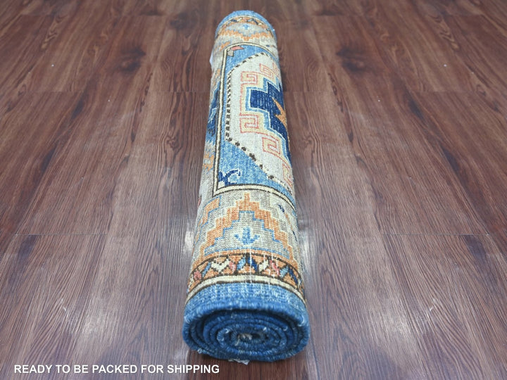 2'8" x 7'4" New Hand Knotted Blue Wool Runner Oriental Rug - MOA10222555