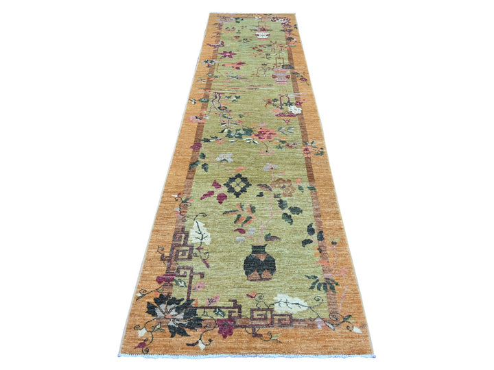 3'1" x 11'7" New Hand Knotted Green Wool Runner Oriental Rug - MOA10222557