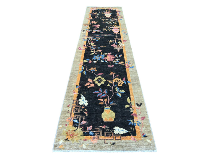 3'0" x 11'10" New Hand Knotted Black Wool Runner Oriental Rug - MOA10222558