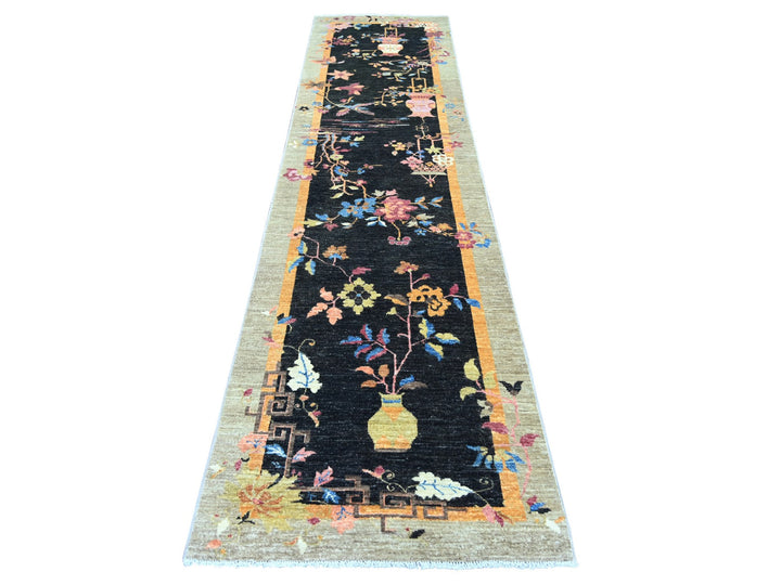 2'11" x 11'10" New Hand Knotted Black Wool Runner Oriental Rug - MOA10222560