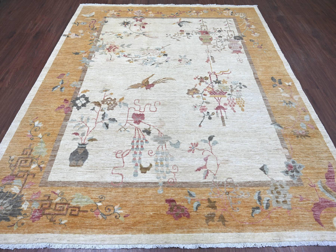 8'2" x 9'3" New Hand Knotted Ivory Wool Rectangle Oriental Rug - MOA10222623