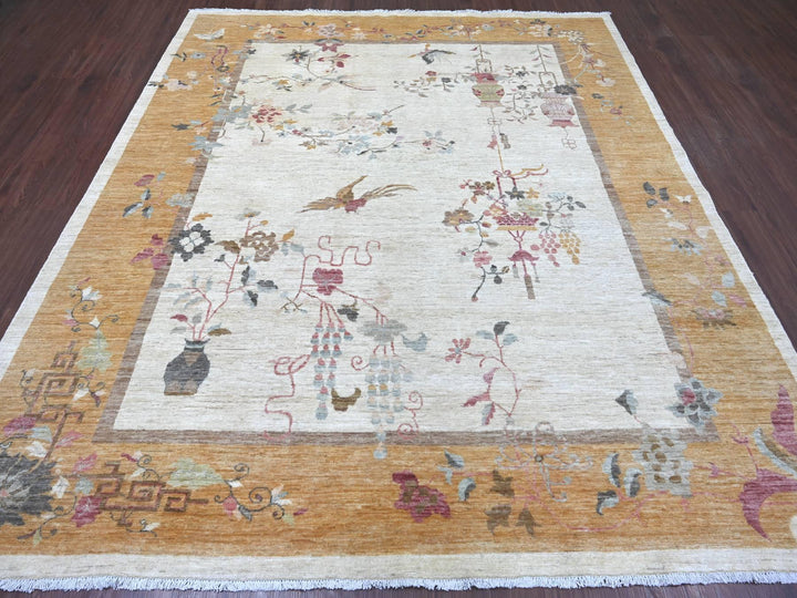 8'2" x 9'3" New Hand Knotted Ivory Wool Rectangle Oriental Rug - MOA10222623