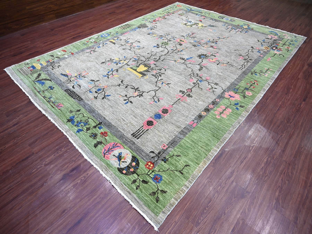 9'0" x 12'4" New Hand Knotted Grey Wool Rectangle Oriental Rug - MOA10222624