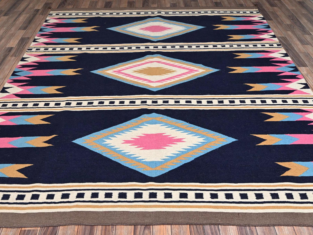 8'4" x 9'7" New Hand Woven Blue Wool Rectangle Oriental Rug - MOA1022262
