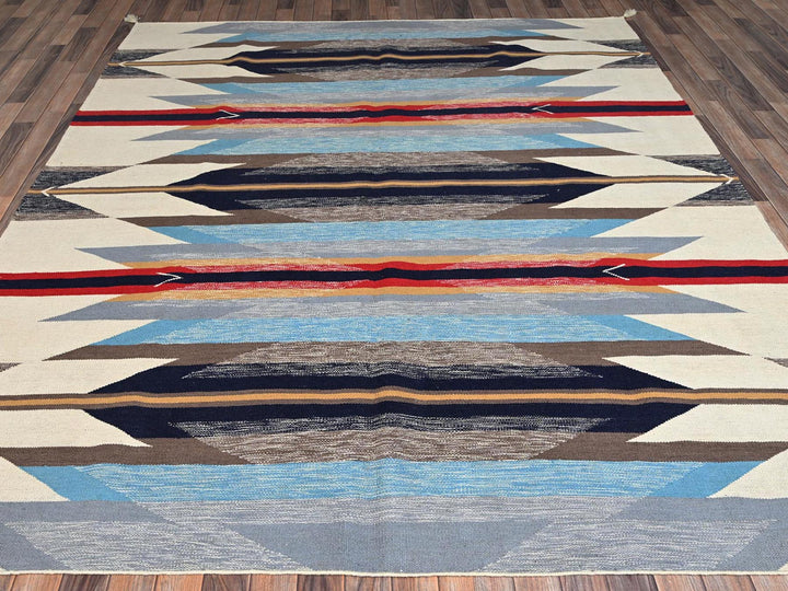 8'2" x 9'7" New Hand Woven Blue Wool Rectangle Oriental Rug - MOA1022263