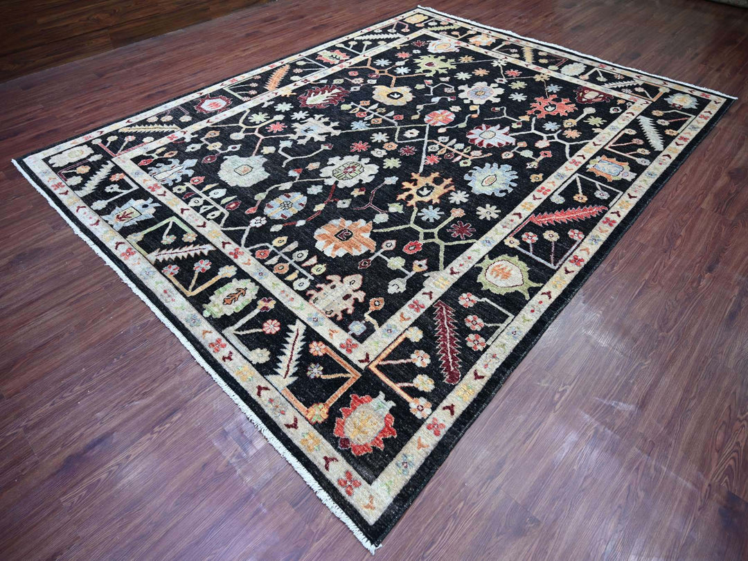9'1" x 11'7" New Hand Knotted Black Wool Rectangle Oriental Rug - MOA10222685