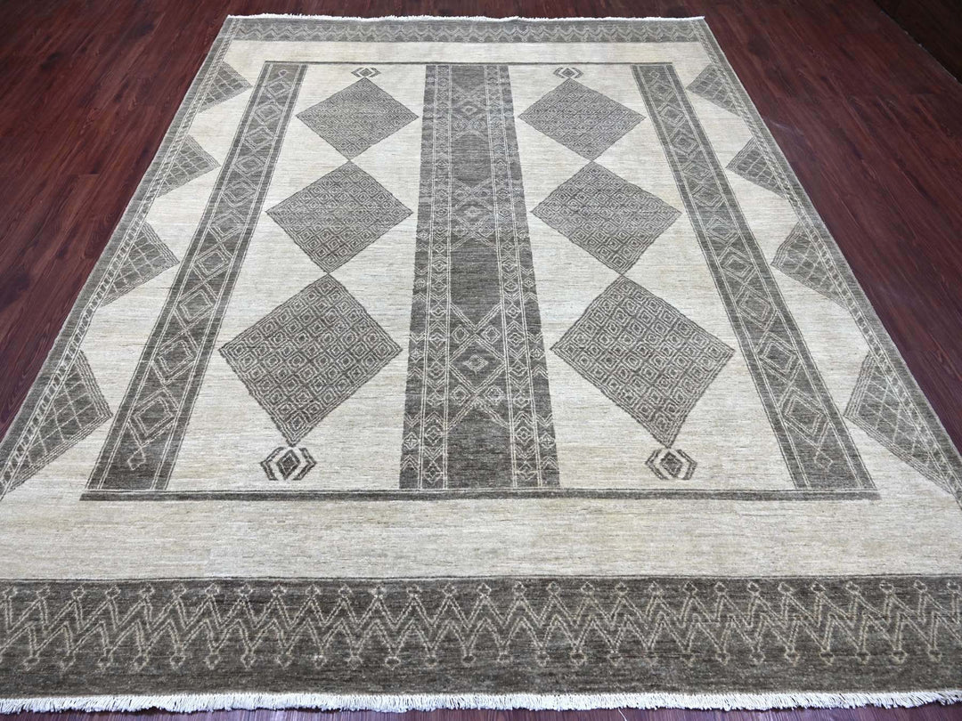 8'0" x 9'7" New Hand Knotted Ivory Wool Rectangle Oriental Rug - MOA10222695