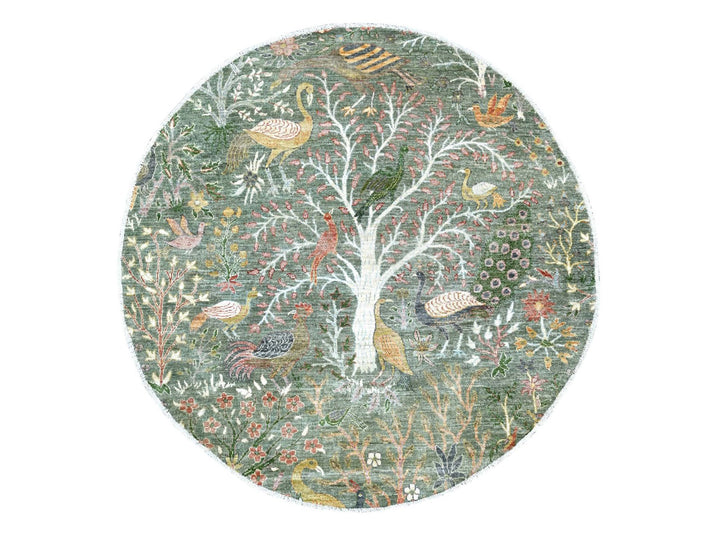 5'11" x 6'0" New Hand Knotted Green Wool Round Oriental Rug - MOA10222781