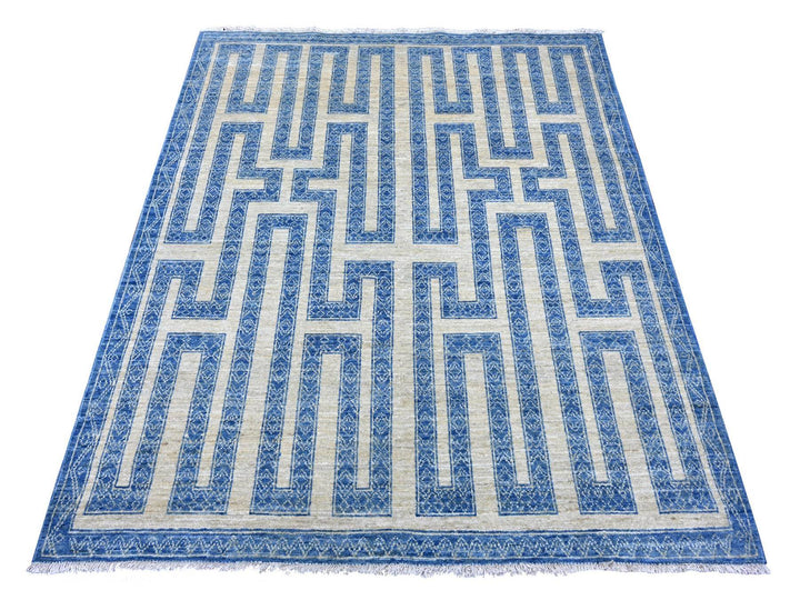 4'11" x 5'11" New Hand Knotted Blue Wool Rectangle Oriental Rug - MOA10222813