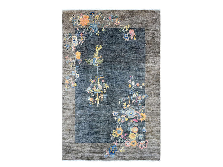6'1" x 9'4" New Hand Knotted Black Wool Rectangle Oriental Rug - MOA10222847