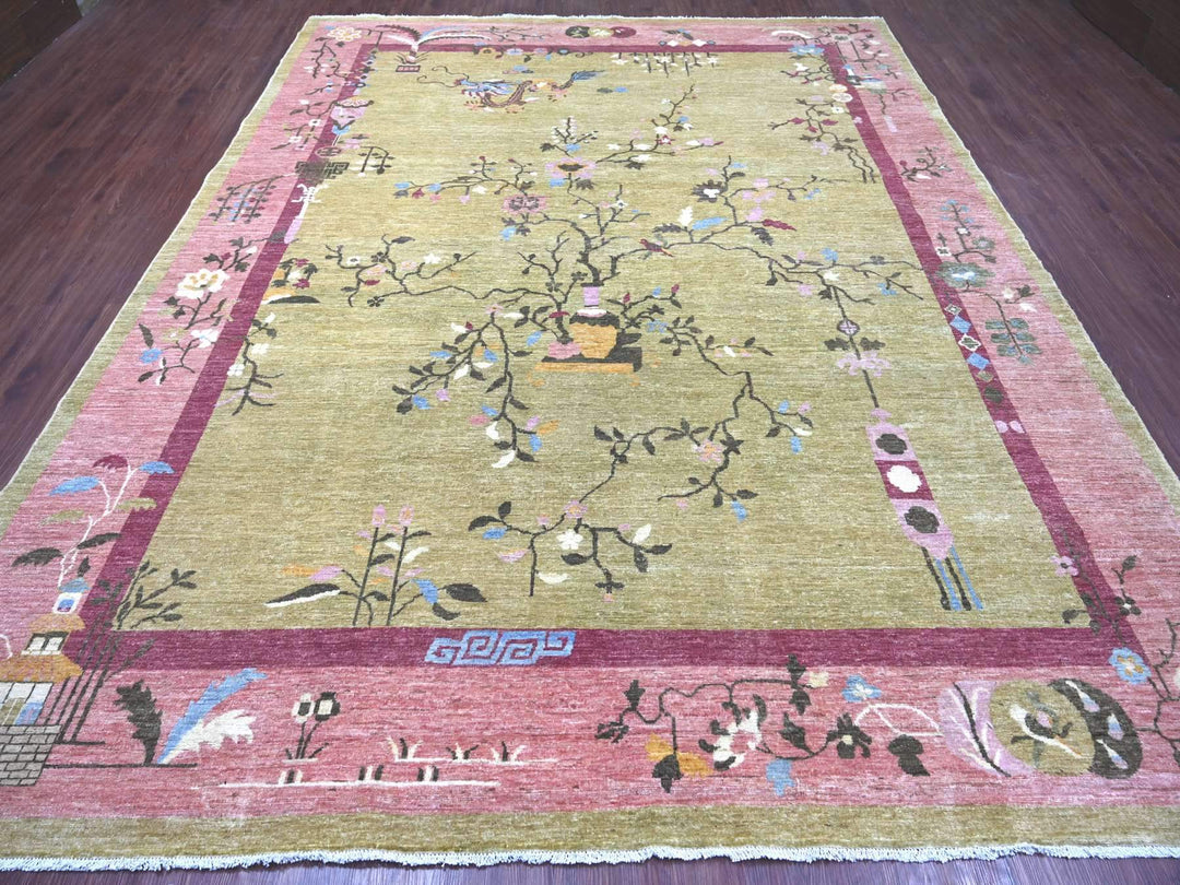 9'2" x 11'8" New Hand Knotted Green Wool Rectangle Oriental Rug - MOA10222848