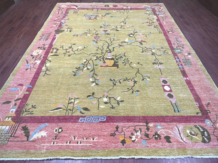 9'2" x 11'8" New Hand Knotted Green Wool Rectangle Oriental Rug - MOA10222848
