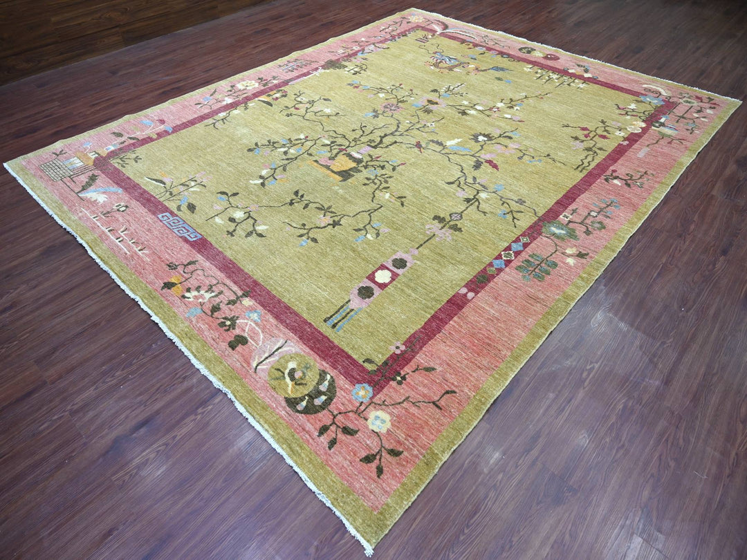 9'2" x 11'8" New Hand Knotted Green Wool Rectangle Oriental Rug - MOA10222848