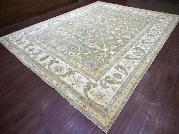 11'11" x 15'0" New Hand Knotted Green Wool Rectangle Oriental Rug - MOA10222861