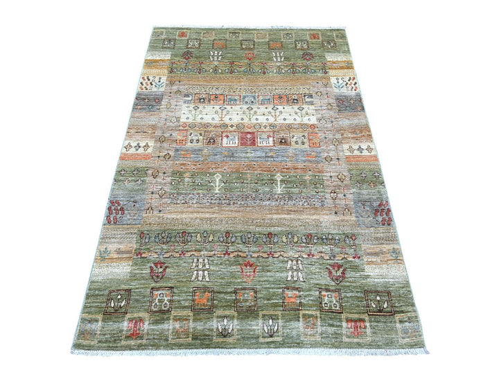 3'11" x 5'10" New Hand Knotted Green Wool Rectangle Oriental Rug - MOA10222868