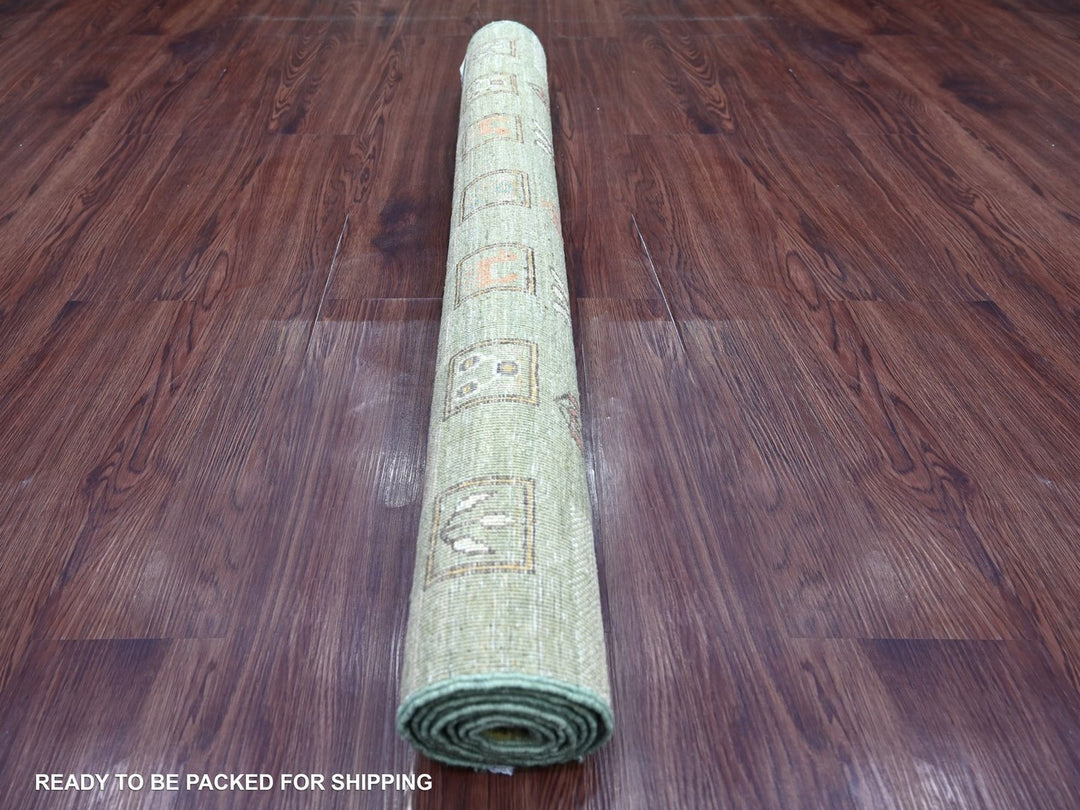 3'11" x 5'10" New Hand Knotted Green Wool Rectangle Oriental Rug - MOA10222868
