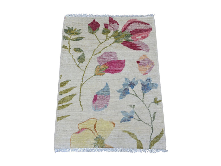 2'2" x 2'11" New Hand Knotted Ivory Wool Rectangle Oriental Rug - MOA10222890