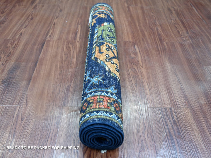 2'8" x 5'10" New Hand Knotted Blue Wool Runner Oriental Rug - MOA10222894
