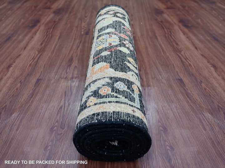 2'10" x 15'9" New Hand Knotted Black Wool Runner Oriental Rug - MOA10222904