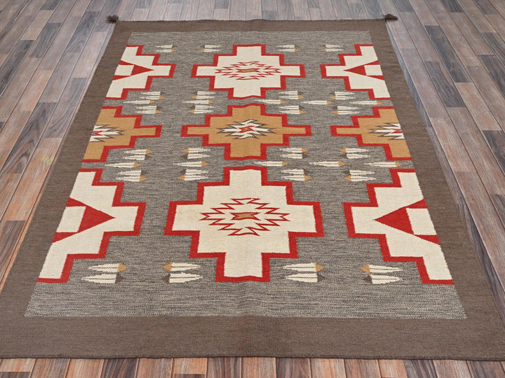 5'1" x 6'11" New Hand Woven Grey Wool Rectangle Oriental Rug - MOA1022292