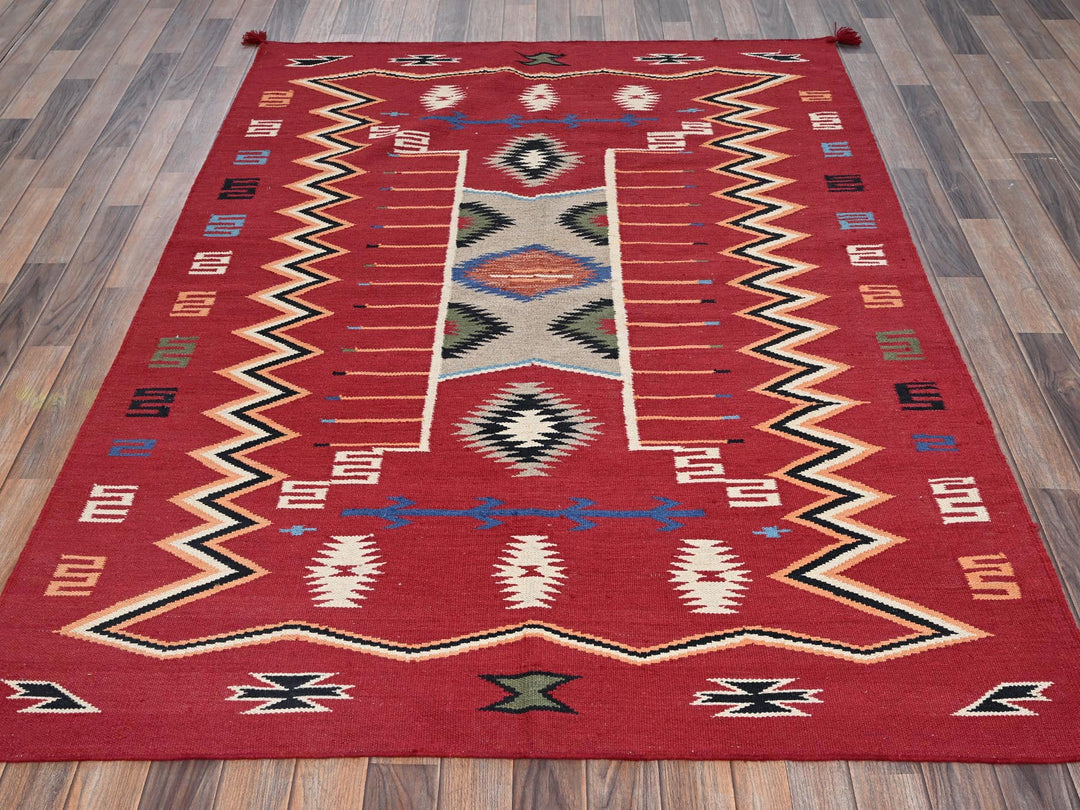 5'2" x 7'0" New Hand Woven Red Wool Rectangle Oriental Rug - MOA1022293