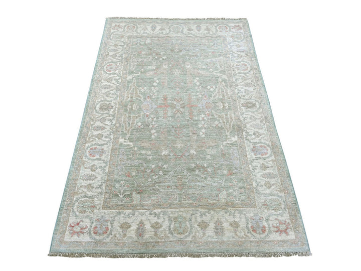 3'10" x 5'8" New Hand Knotted Green Wool Rectangle Oriental Rug - MOA10222971