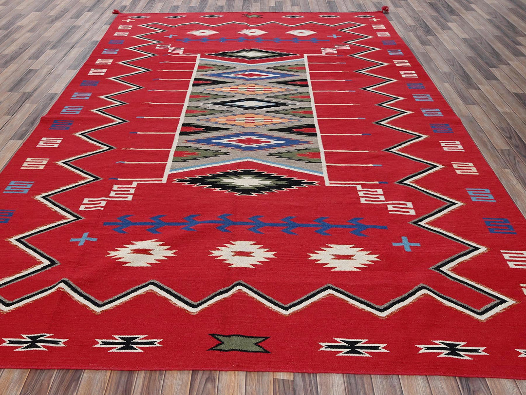 9'0" x 12'1" New Hand Woven Red Wool Rectangle Oriental Rug - MOA1022301