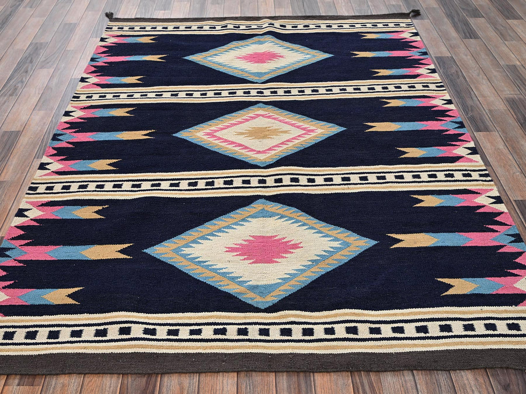 5'4" x 6'9" New Hand Woven Blue Wool Rectangle Oriental Rug - MOA1022322