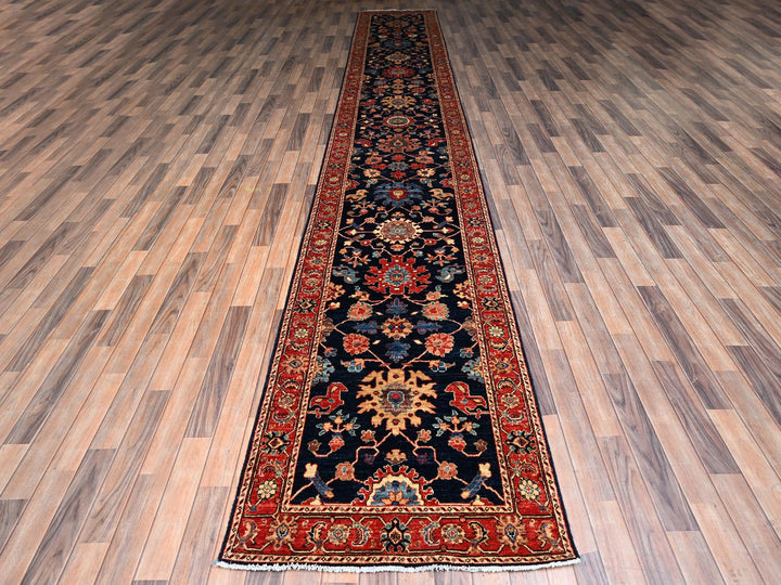 3'1" x 19'1" New Hand Knotted Blue Wool Runner Oriental Rug - MOA1022362